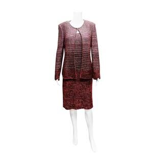 St. John Red Black Two Piece Tweed Cardigan & Dress Set Size 6